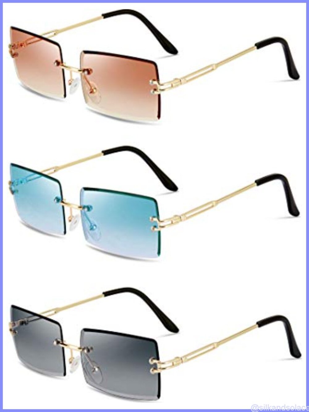Rimless Rectangle Sunglasses Polarized Tinted Metal Legs 3 Pairs